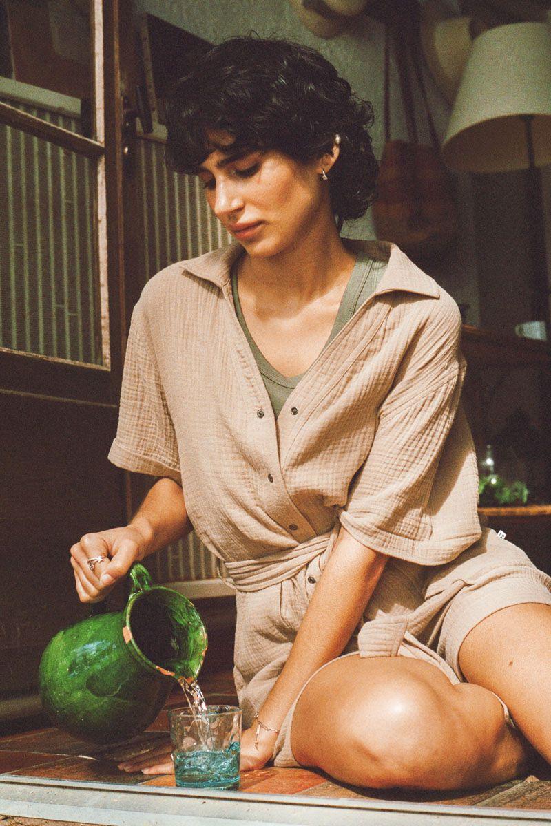 le temps des cerises Combi-short Ayote en gaze de coton beige sable