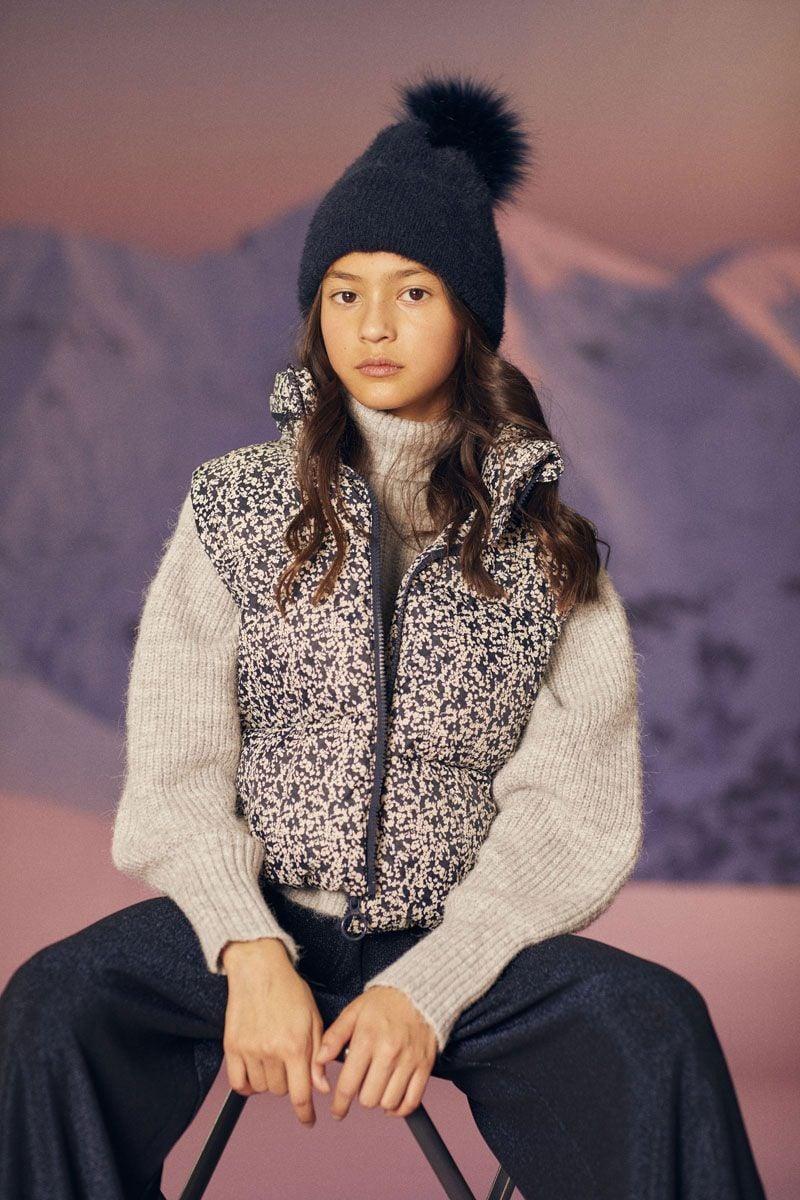 le temps des cerises Doudoune sans manches Wynagi à motif floral bleu nuit et blanc