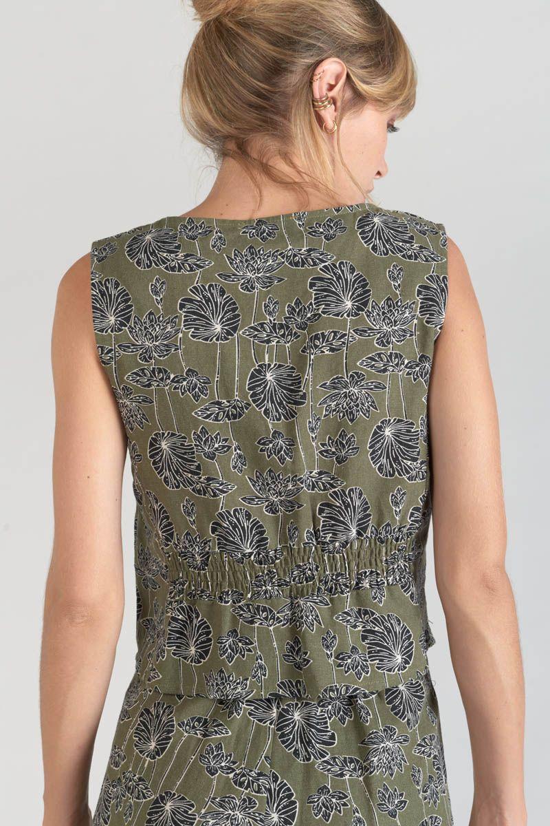Le Temps Des Cerises Gilet Gish Kaki à Motif Fleuri