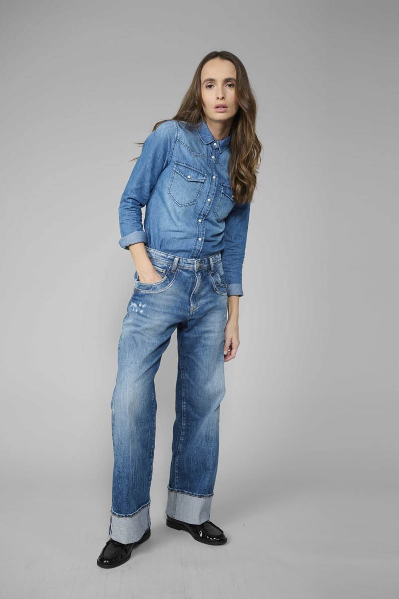 le temps des cerises Jeans 400/28 regular loose Revers taille haute destroy bleu N°3