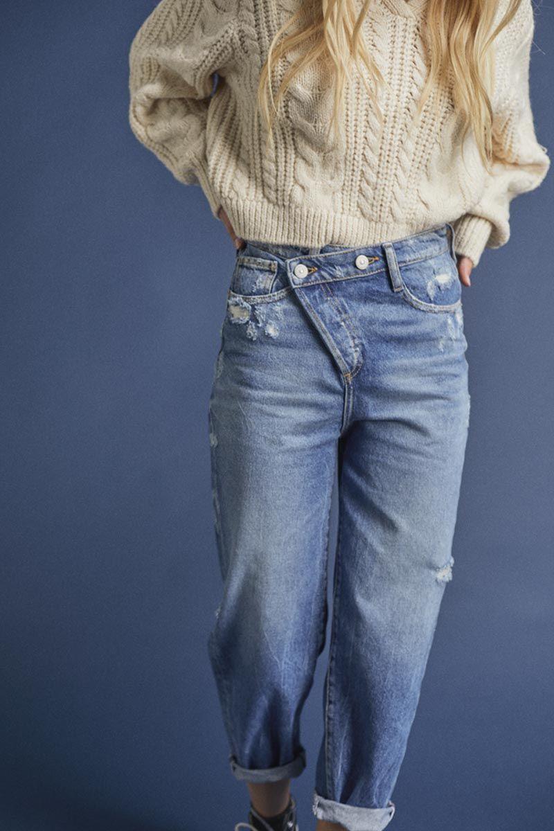 le temps des cerises Jeans boyfit Cosa 7/8ème destroy vintage bleu N°4
