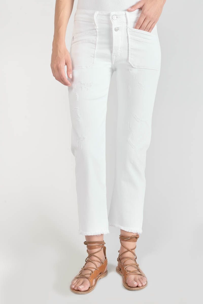le temps des cerises Jeans Pricilia taille haute 7/8ème destroy blanc