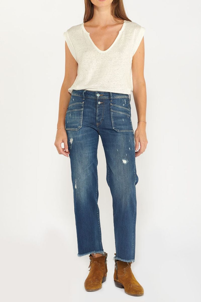 le temps des cerises Jeans Pricilia taille haute 7/8ème destroy bleu N°2
