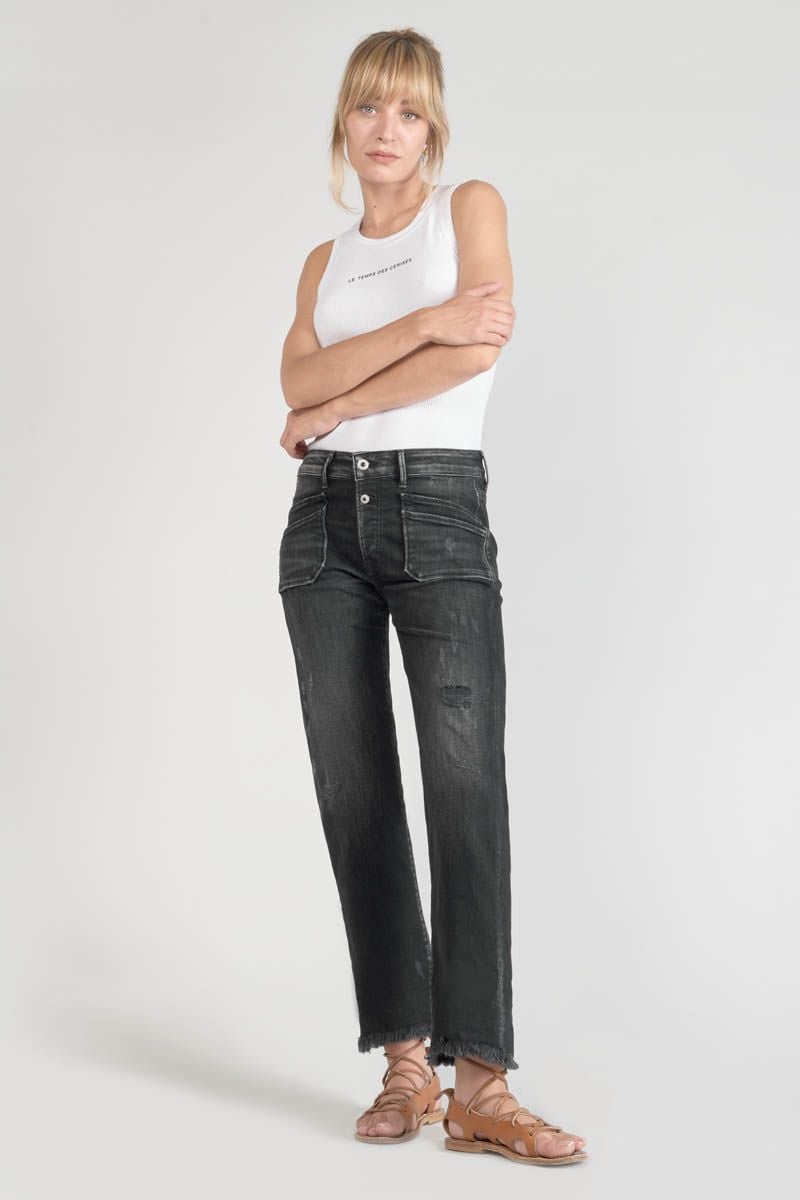 le temps des cerises Jeans Pricilia taille haute 7/8ème destroy noir N°1