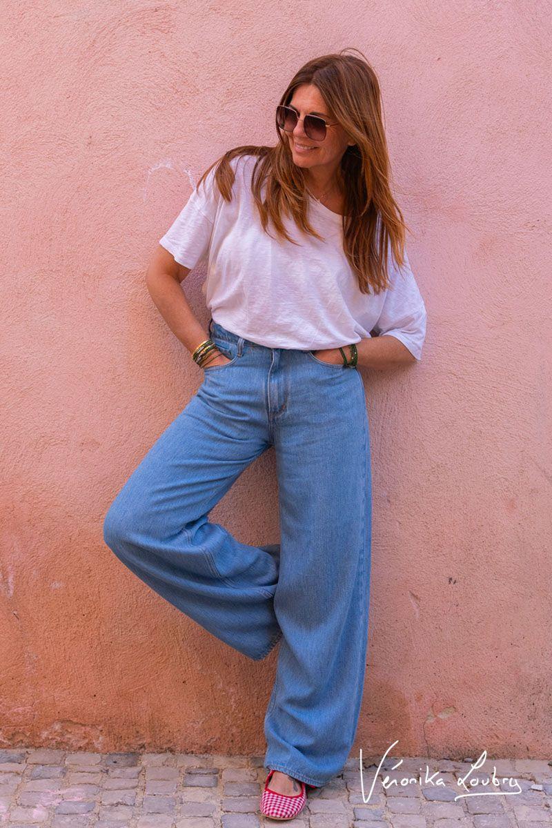 le temps des cerises Jeans tencel wide leg Muriel by Véronika Loubry taille haute bleu N°4