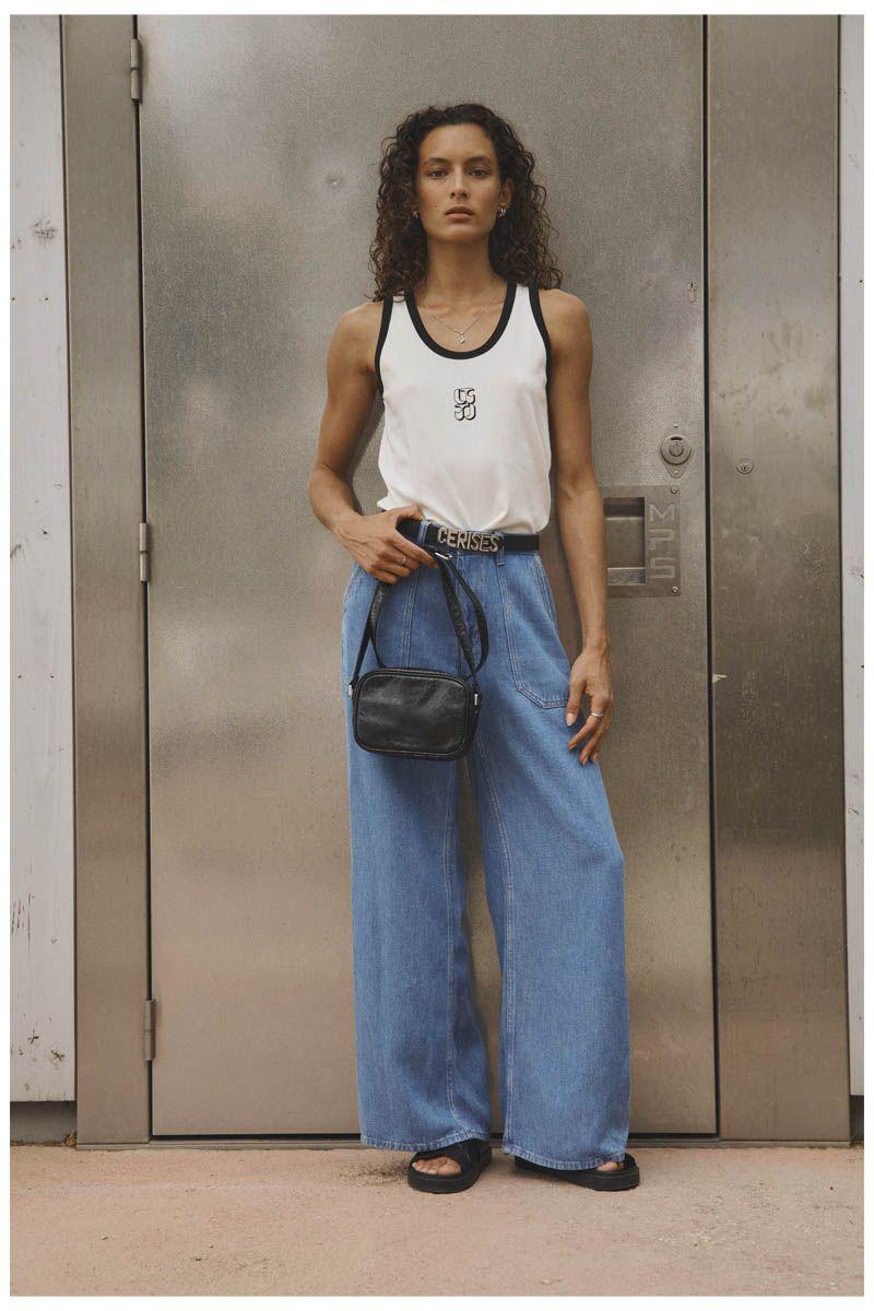 le temps des cerises Jeans tencel wide leg Victoria taille haute bleu