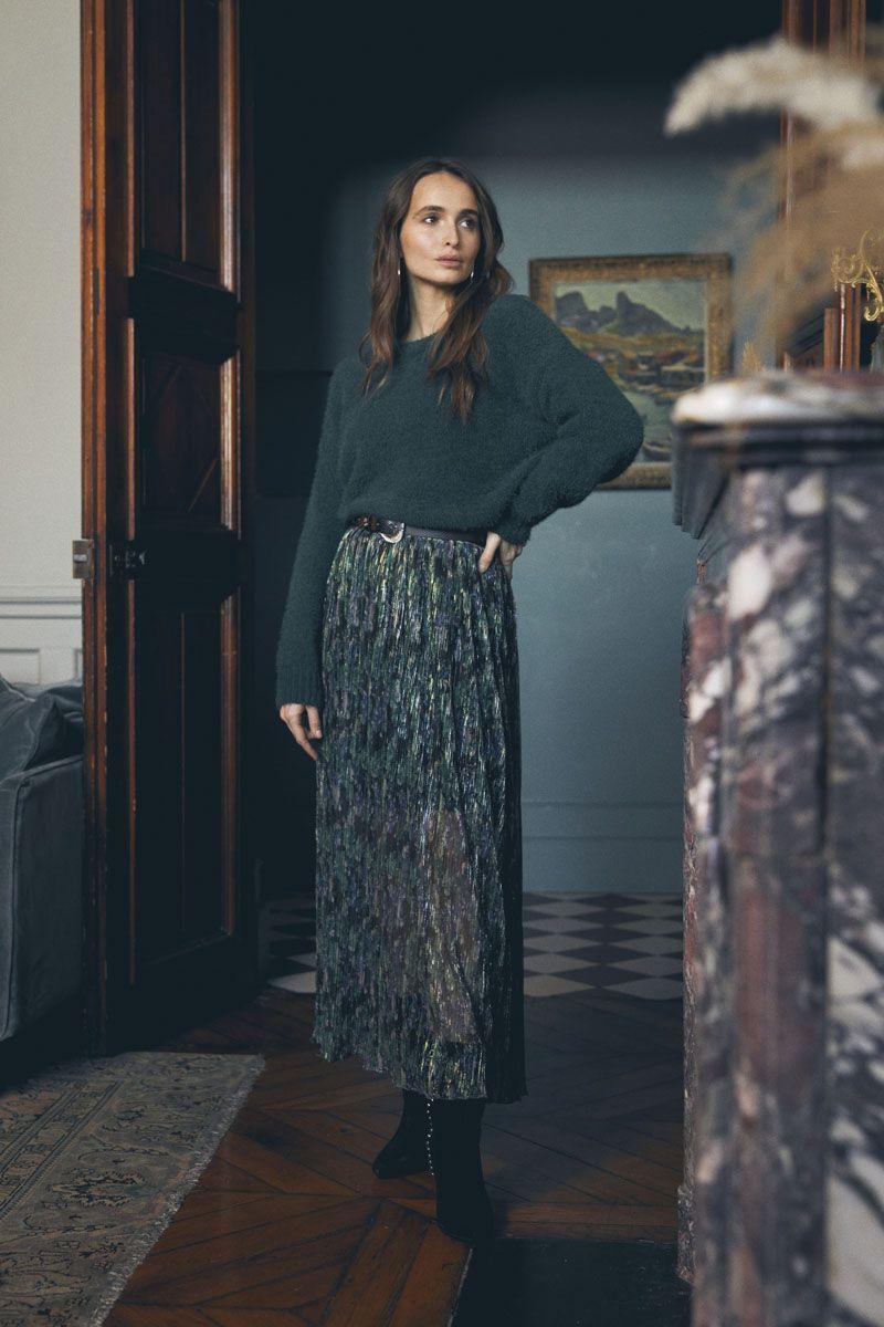 le temps des cerises Jupe longue Ayleen vert sapin irisée