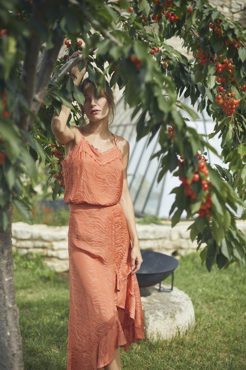 le temps des cerises Jupe longue Gino en jacquard zébré orange corail