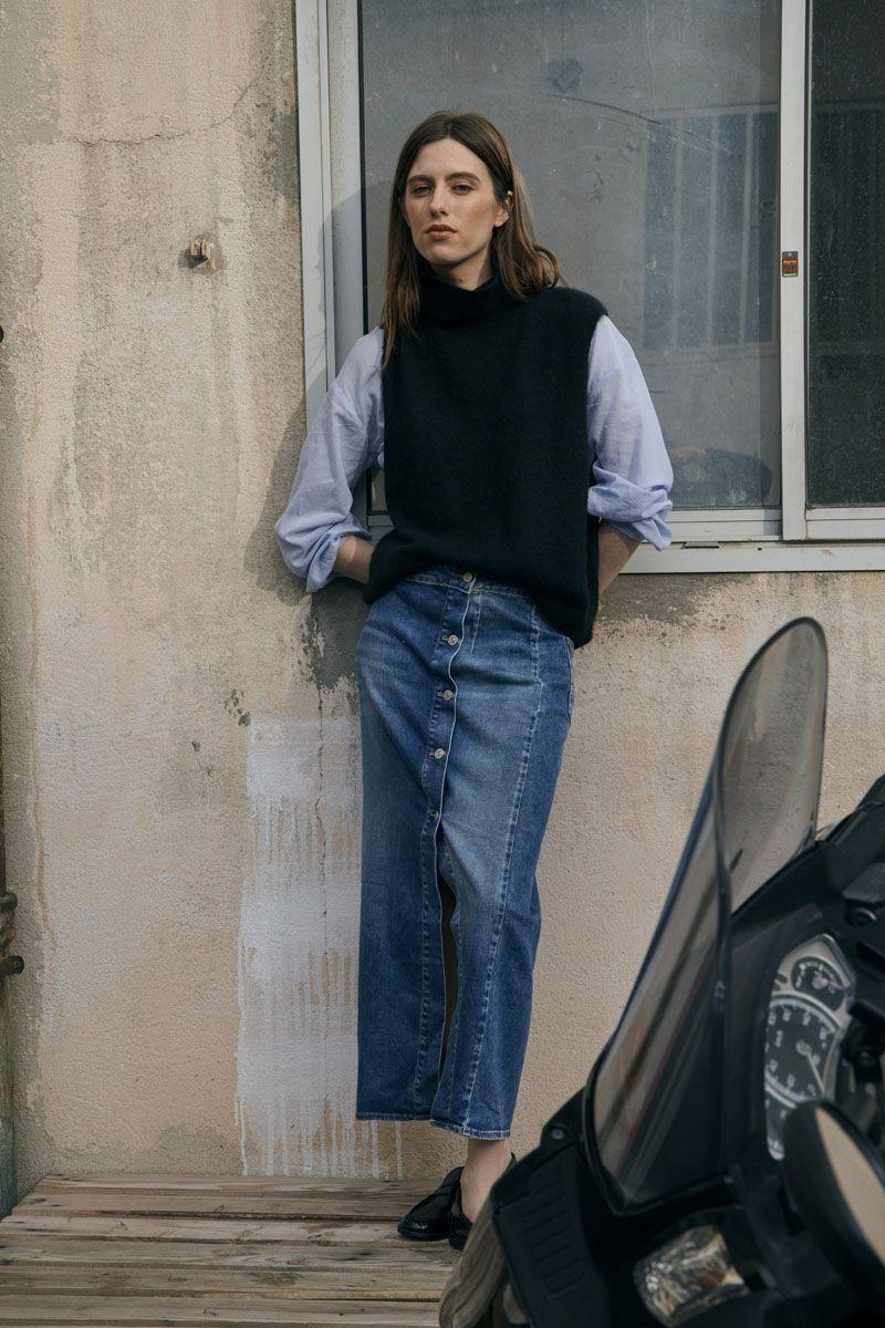 le temps des cerises Jupe longue Raphi en jeans bleu délavé