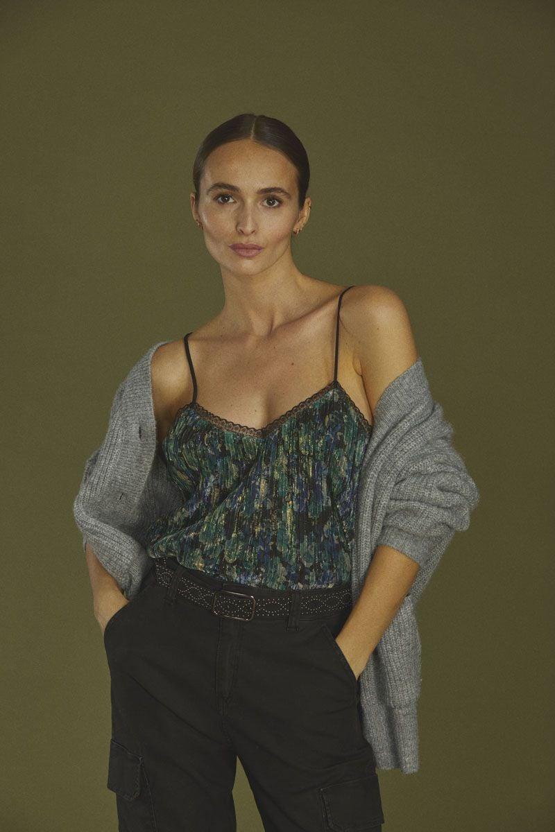 le temps des cerises Caraco Kyla vert sapin irisée