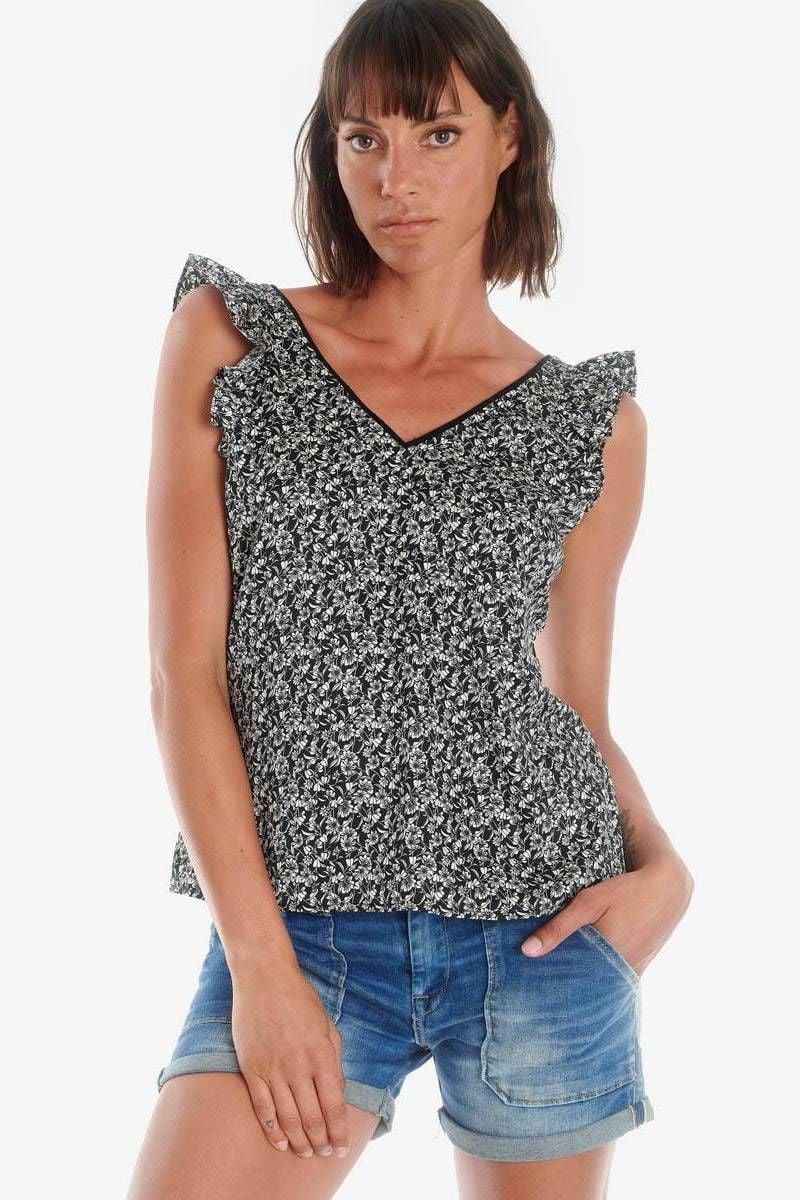 le temps des cerises Top Magy noir à motif floral