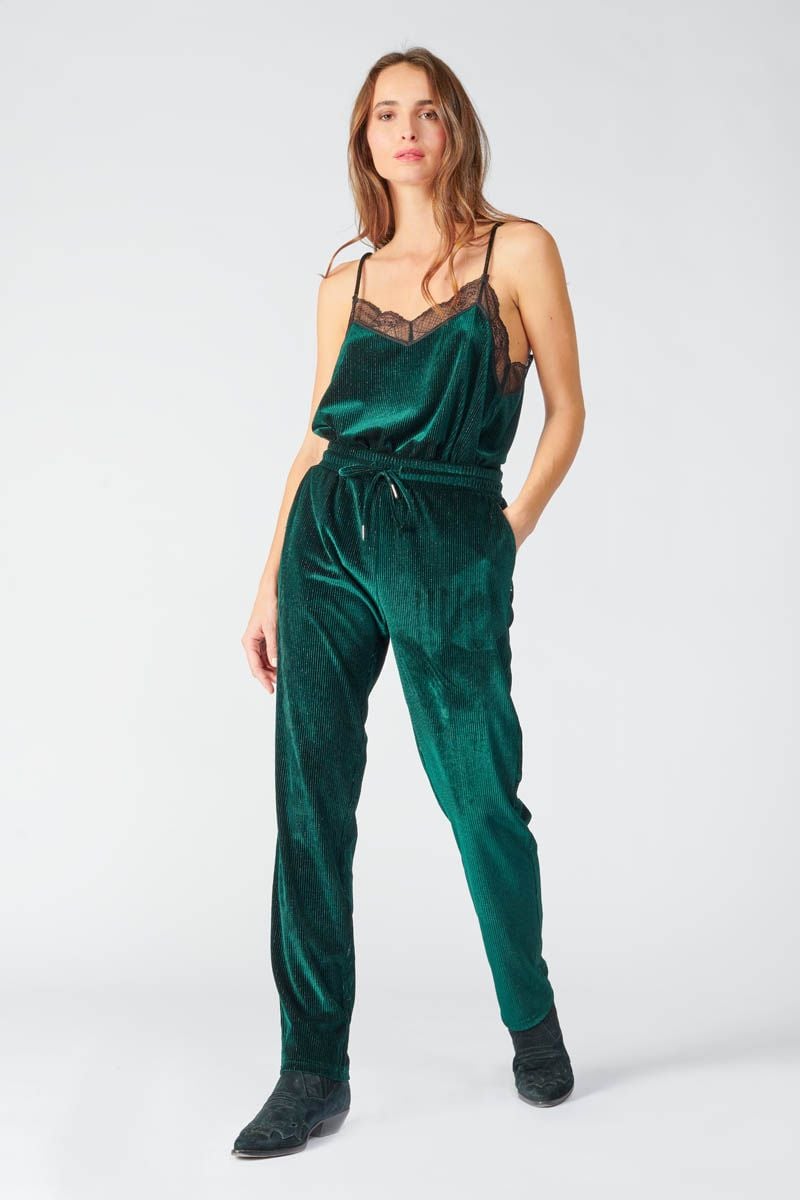 le temps des cerises Pantalon Ashton en velours vert sapin