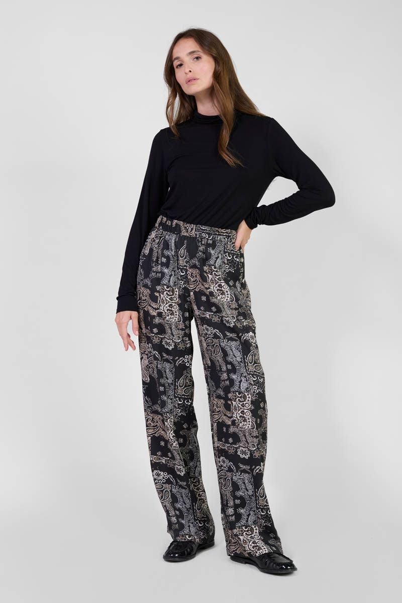 le temps des cerises Pantalon Bulbiza noir à motif cachemire