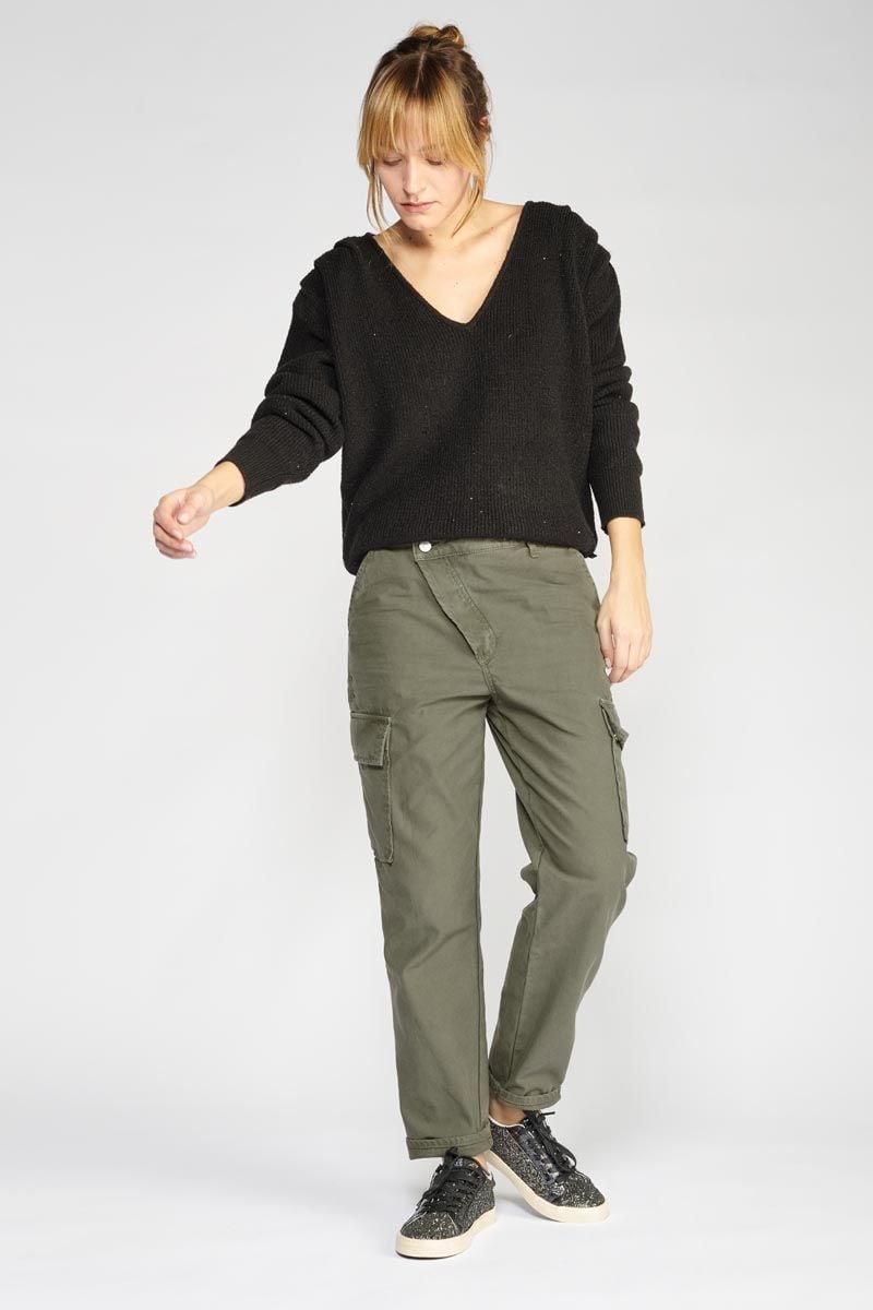 le temps des cerises Pantalon Cosy Army kaki à fermeture asymétrique