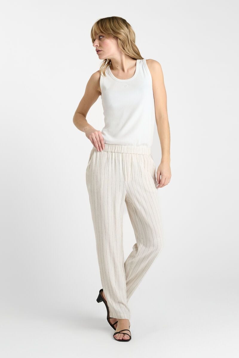 le temps des cerises Pantalon en lin mélangé Oliver crème à rayures