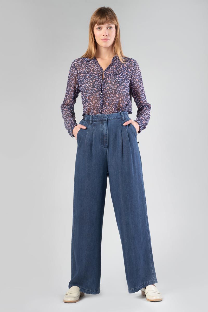 le temps des cerises Pantalon fluide Jane en tencel bleu denim