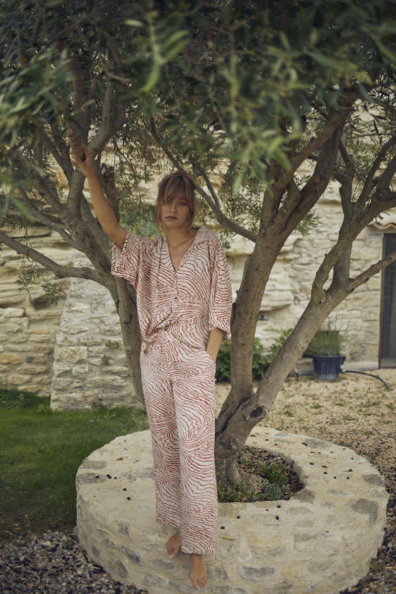 le temps des cerises Pantalon fluide Yesa à motif orange et noir