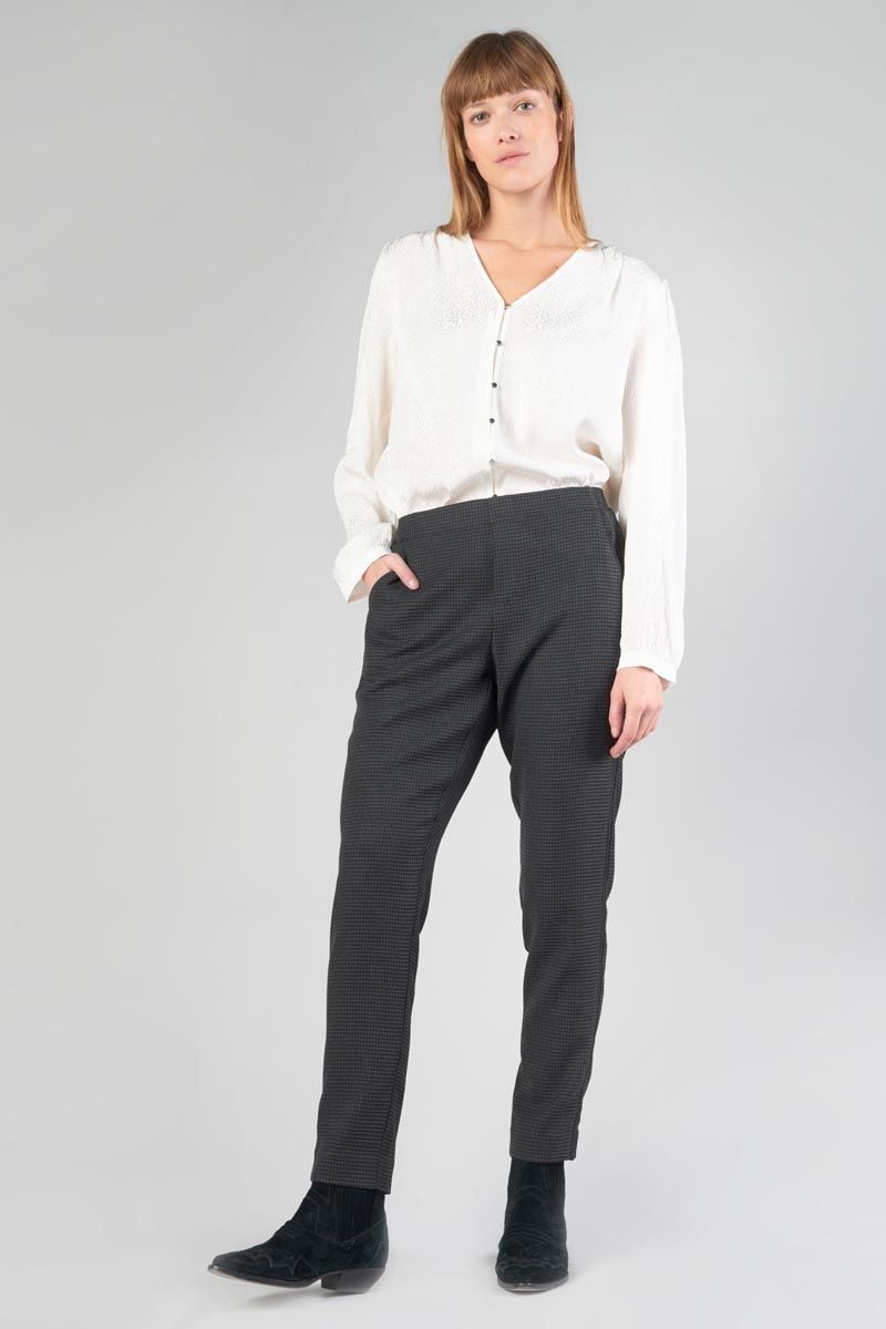 le temps des cerises Pantalon Layken gris à motif pied de poule
