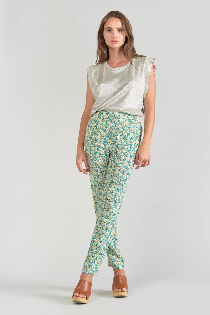 le temps des cerises Pantalon Rani à motif fleuri vert et bleu
