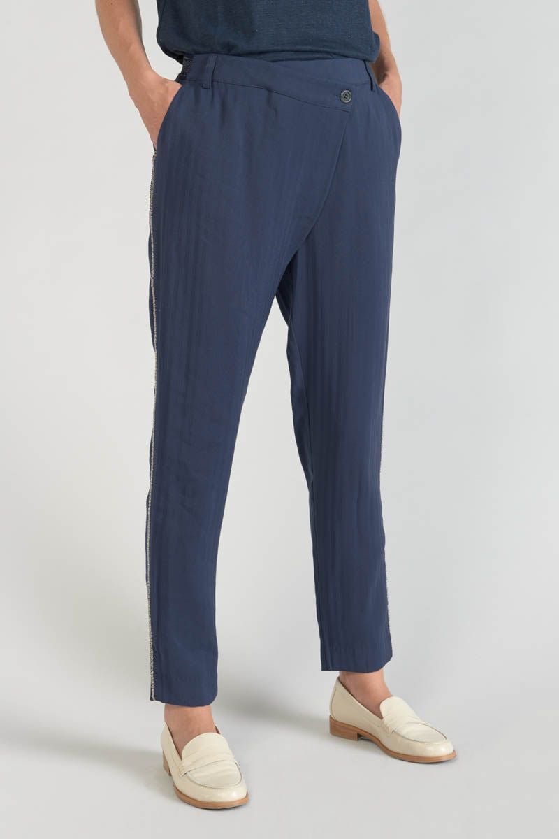 Le Temps Des Cerises Pantalon Reydel Bleu Marine à Fermeture Asymétrique