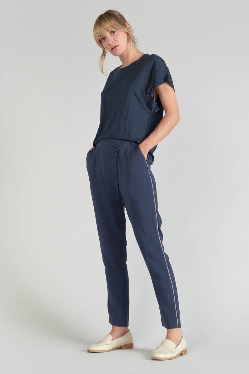 le temps des cerises Pantalon Reydel bleu marine à fermeture asymétrique