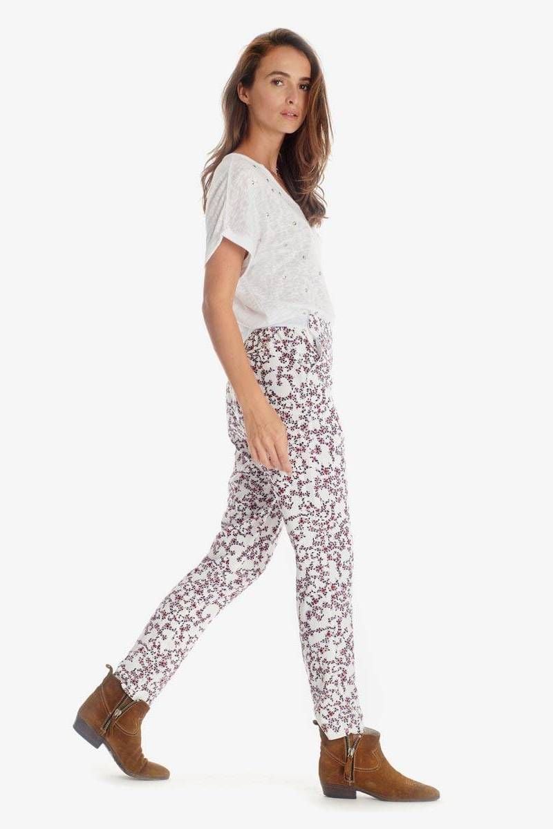 Le Temps Des Cerises Pantalon Sally Blanc à Motif Floral