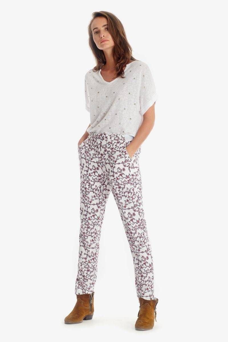 le temps des cerises Pantalon Sally blanc à motif floral