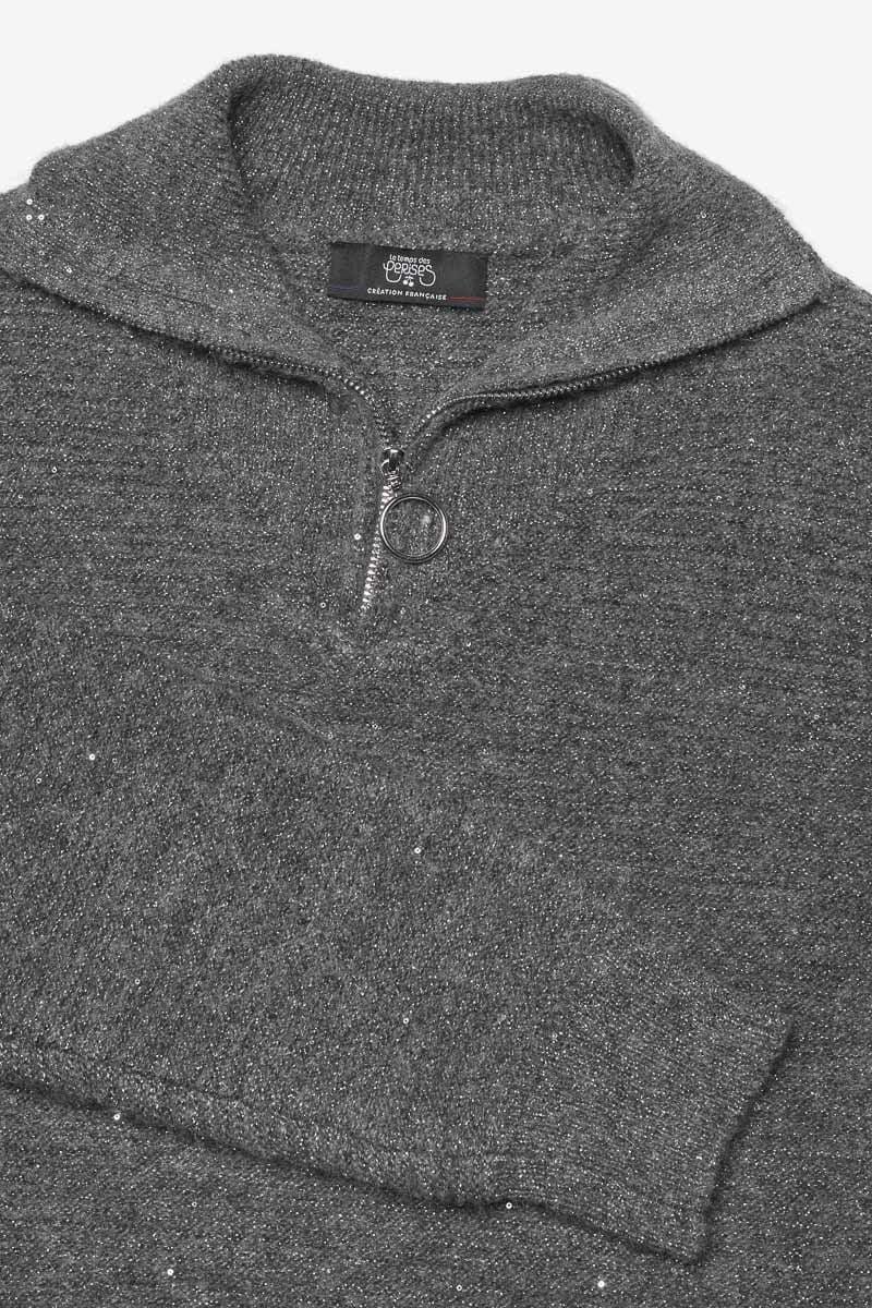 Le Temps Des Cerises Pull Kristingi Gris à Paillettes