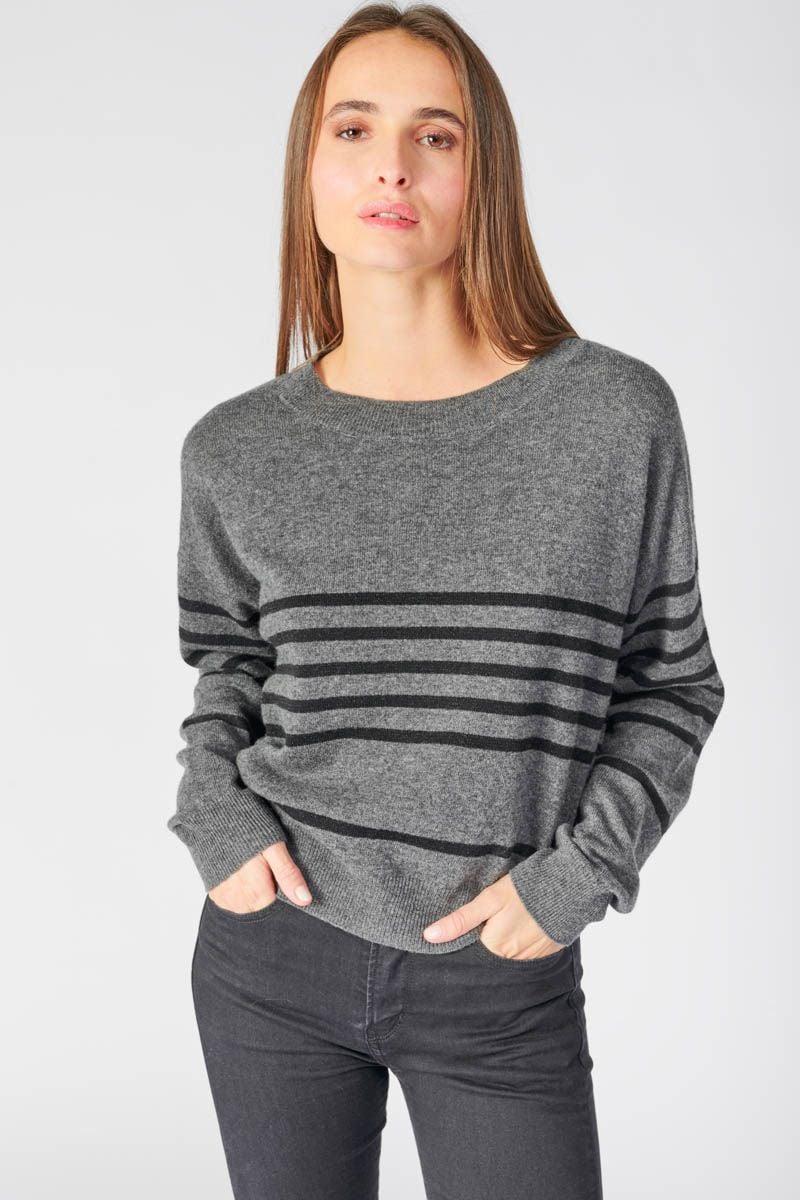 le temps des cerises Pull Tom gris à rayures en cachemire mélangé