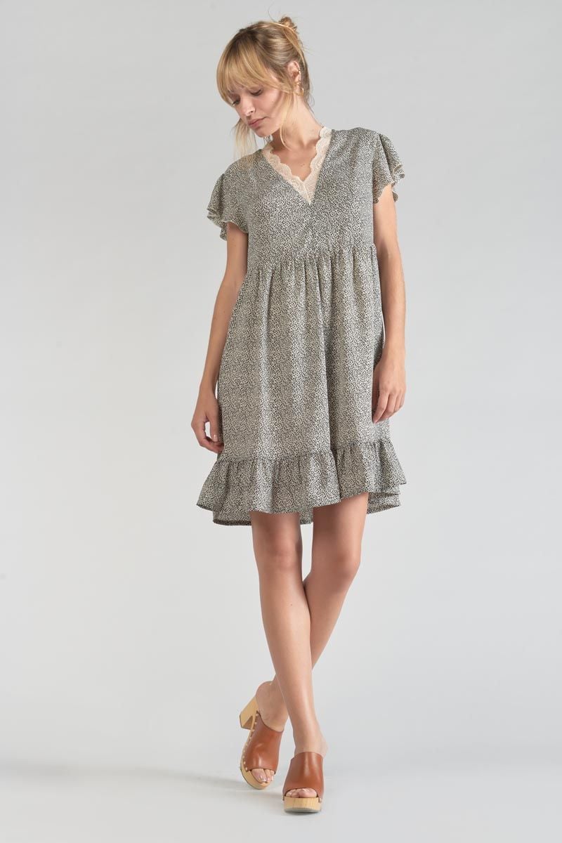 le temps des cerises Robe Aliette à motif beige et noir