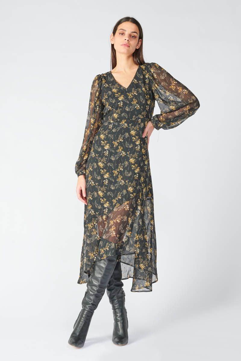 Le Temps Des Cerises Robe Longue Chic Noire à Motif Fleuri
