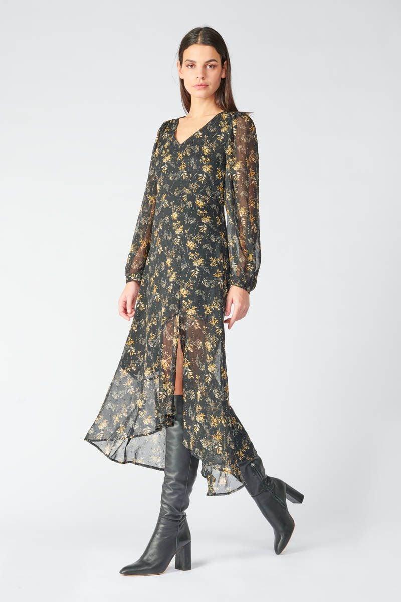 Le Temps Des Cerises Robe Longue Chic Noire à Motif Fleuri