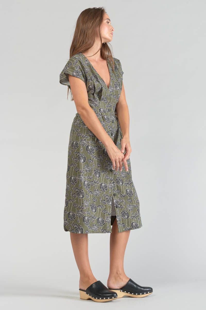 Le Temps Des Cerises Robe Longue Croft Kaki à Motif Fleuri