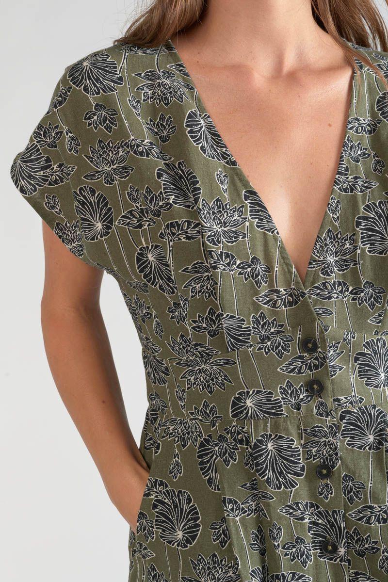 Le Temps Des Cerises Robe Longue Croft Kaki à Motif Fleuri