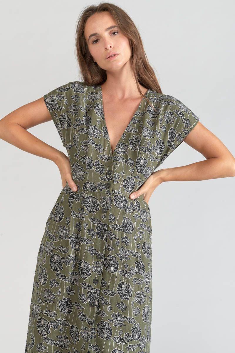 le temps des cerises Robe longue Croft kaki à motif fleuri