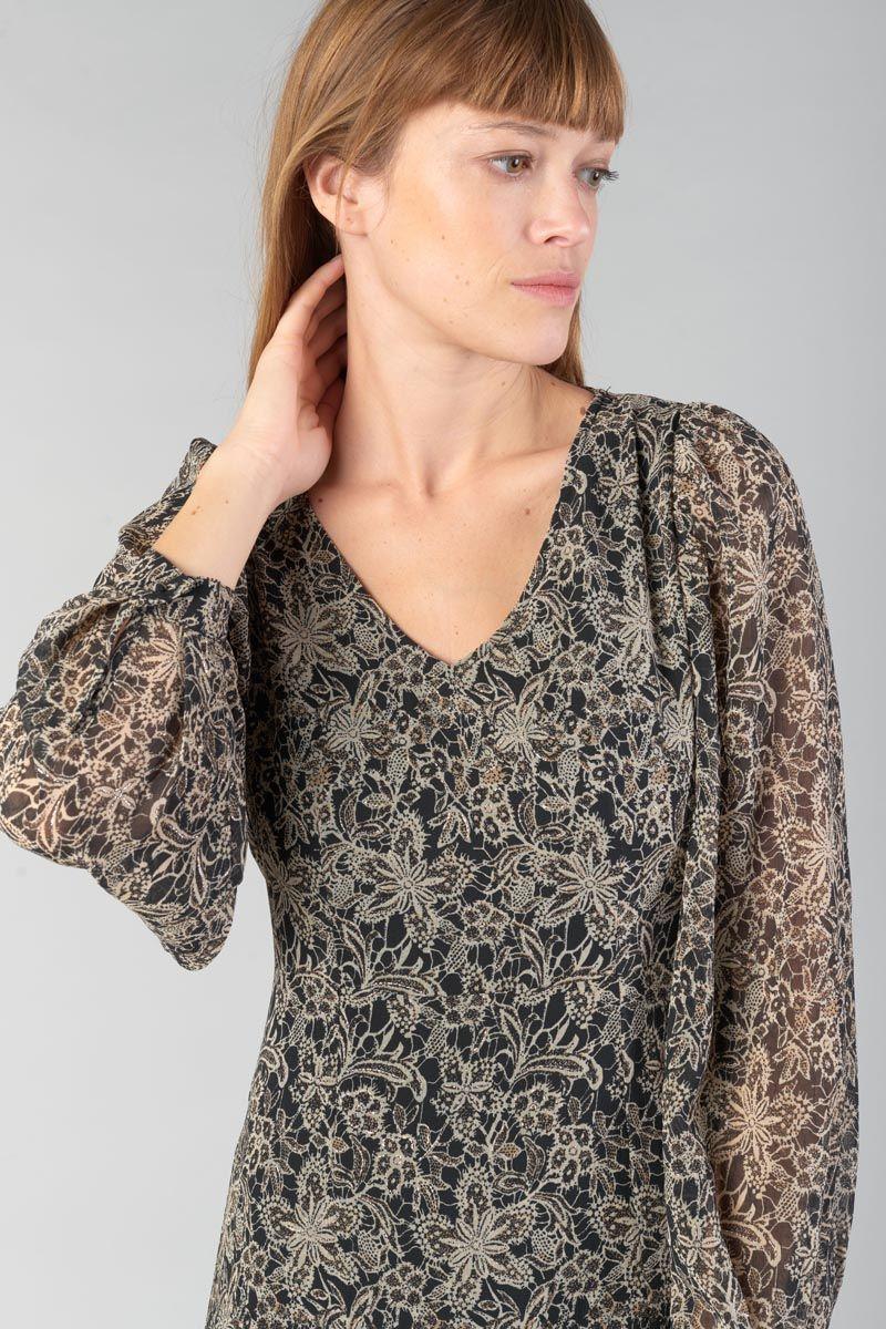 Le Temps Des Cerises Robe Longue Kip Noire à Motif Fleuri