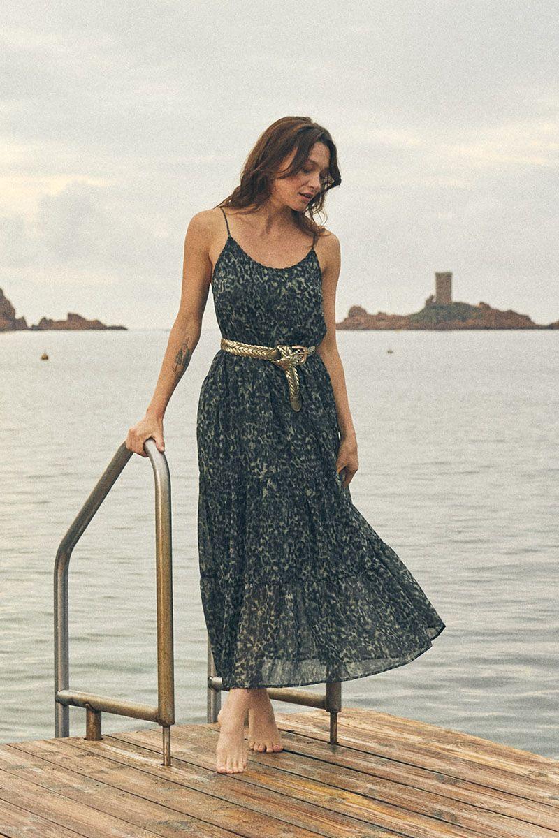 le temps des cerises Robe longue Lisaka kaki à motif léopard