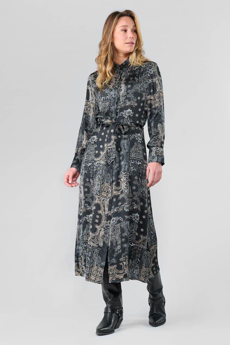 le temps des cerises Robe longue Seraphy noire à motif cachemire