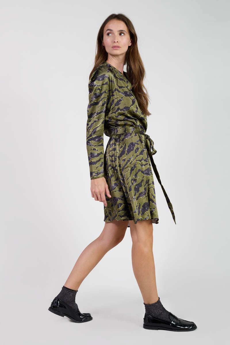 Le Temps Des Cerises Robe Matchu Kaki à Motif Animalier