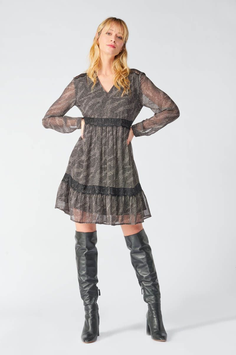 le temps des cerises Robe Rena noire à motif animalier