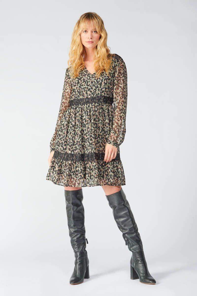 Le Temps Des Cerises Robe Reve à Motif Léopard Kaki Et Noir