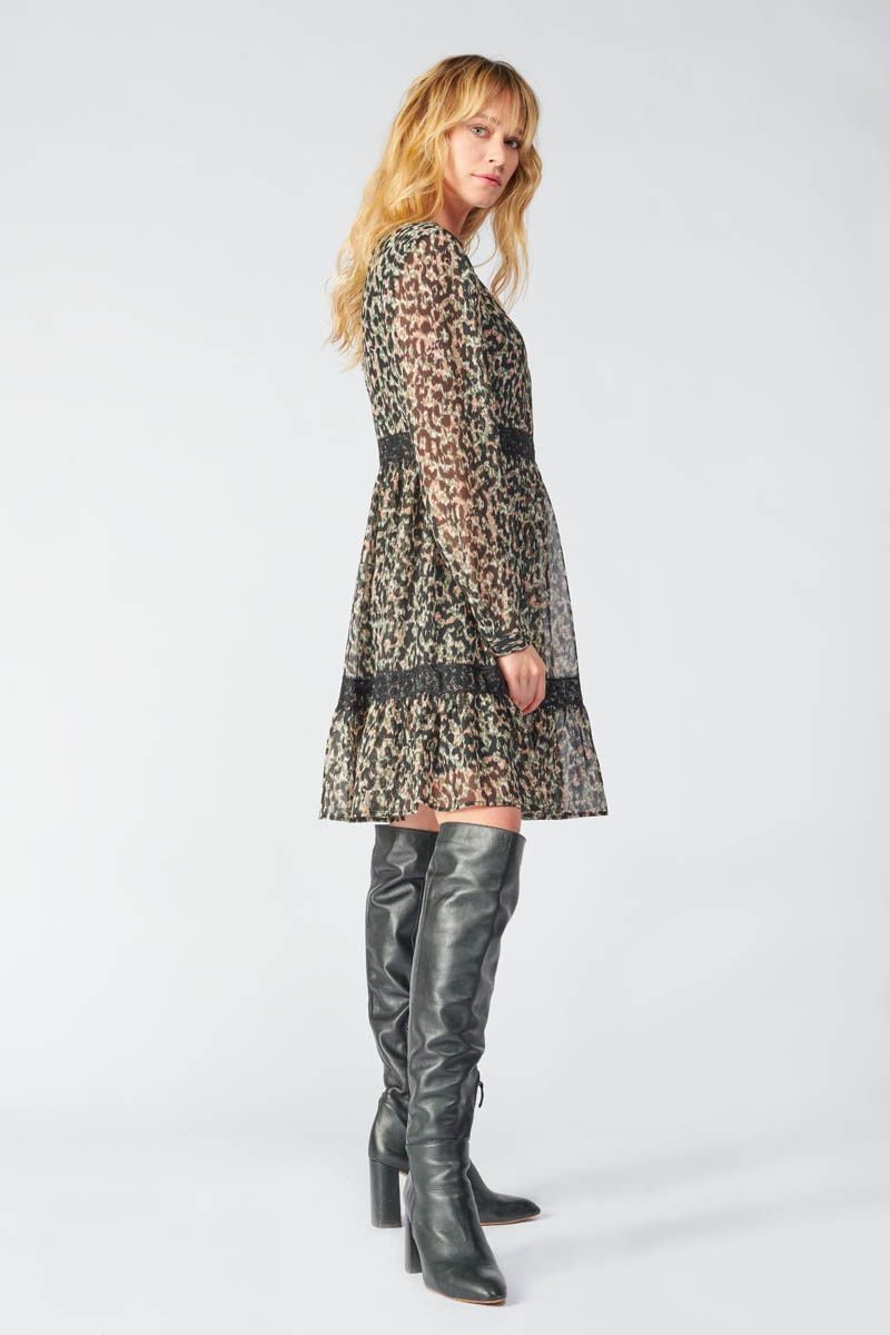 Le Temps Des Cerises Robe Reve à Motif Léopard Kaki Et Noir