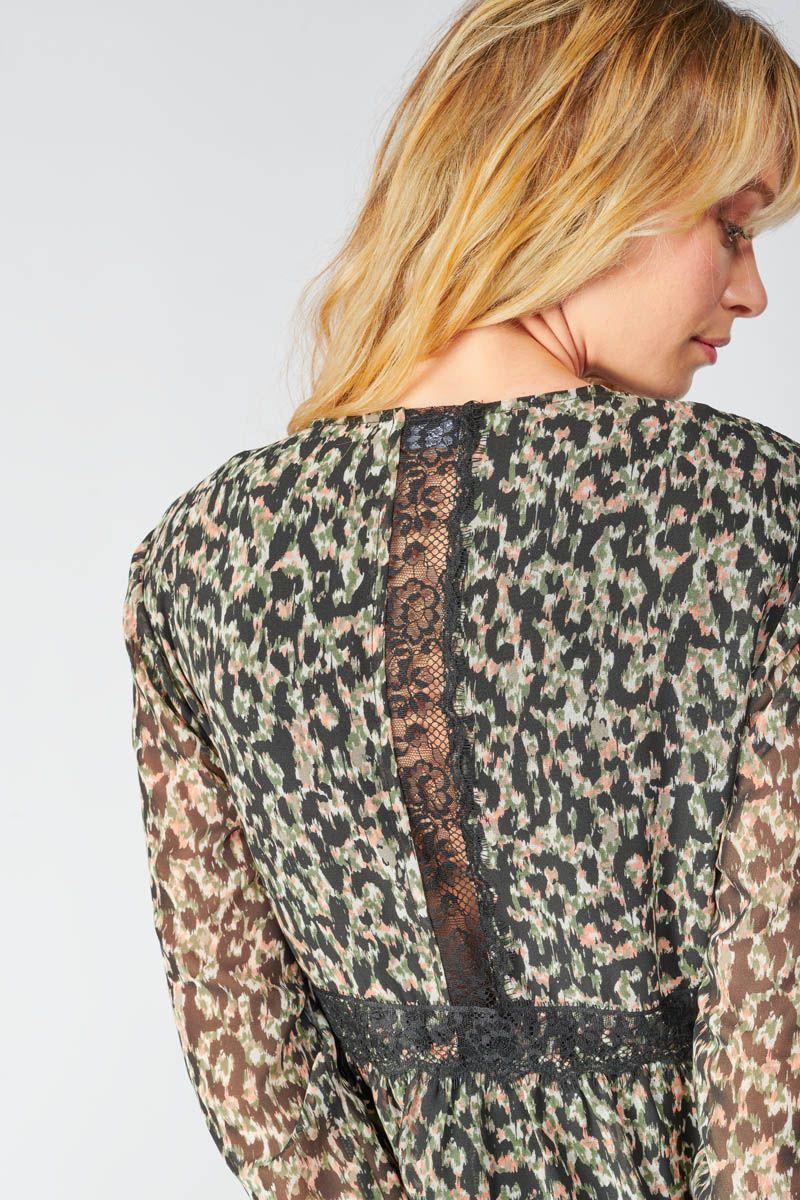 le temps des cerises Robe Reve à motif léopard kaki et noir