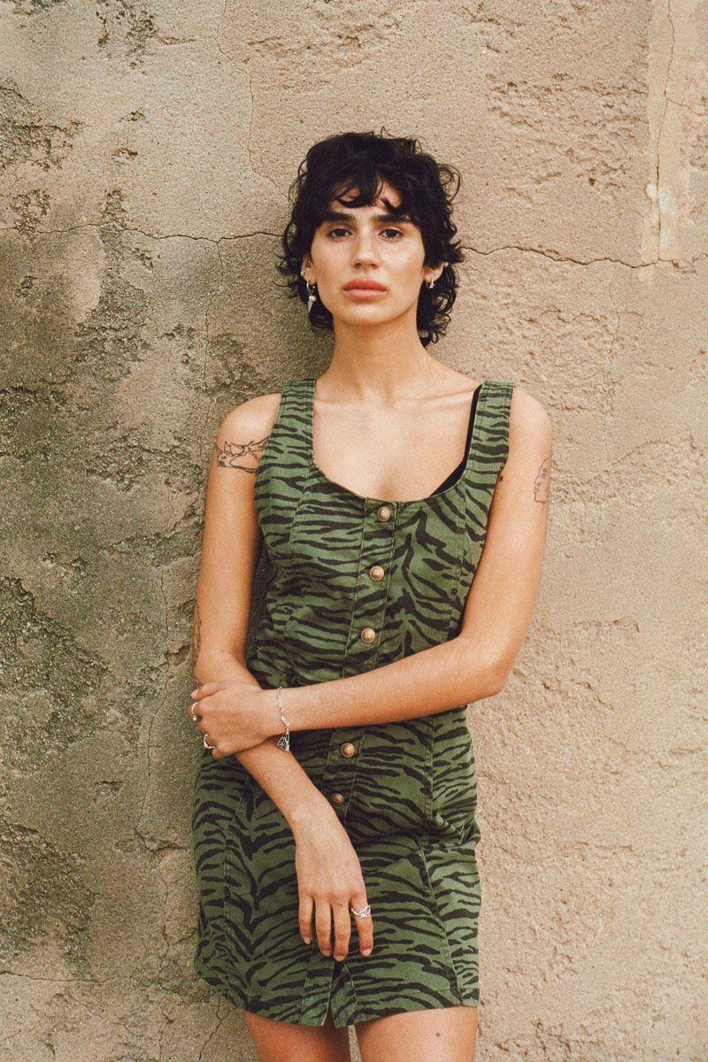 le temps des cerises Robe Zerana en jeans kaki zébré