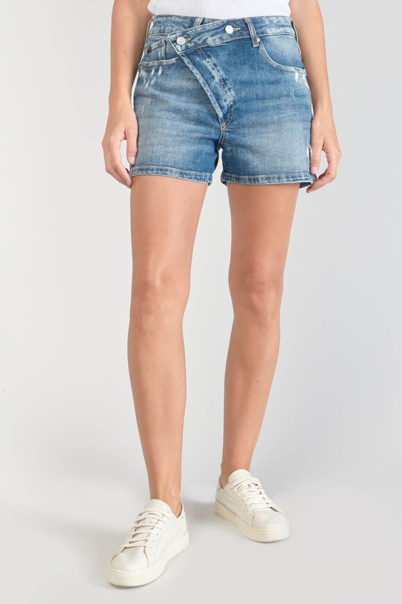 Le Temps Des Cerises Short Mosta En Jeans Bleu à Fermeture Asymétrique