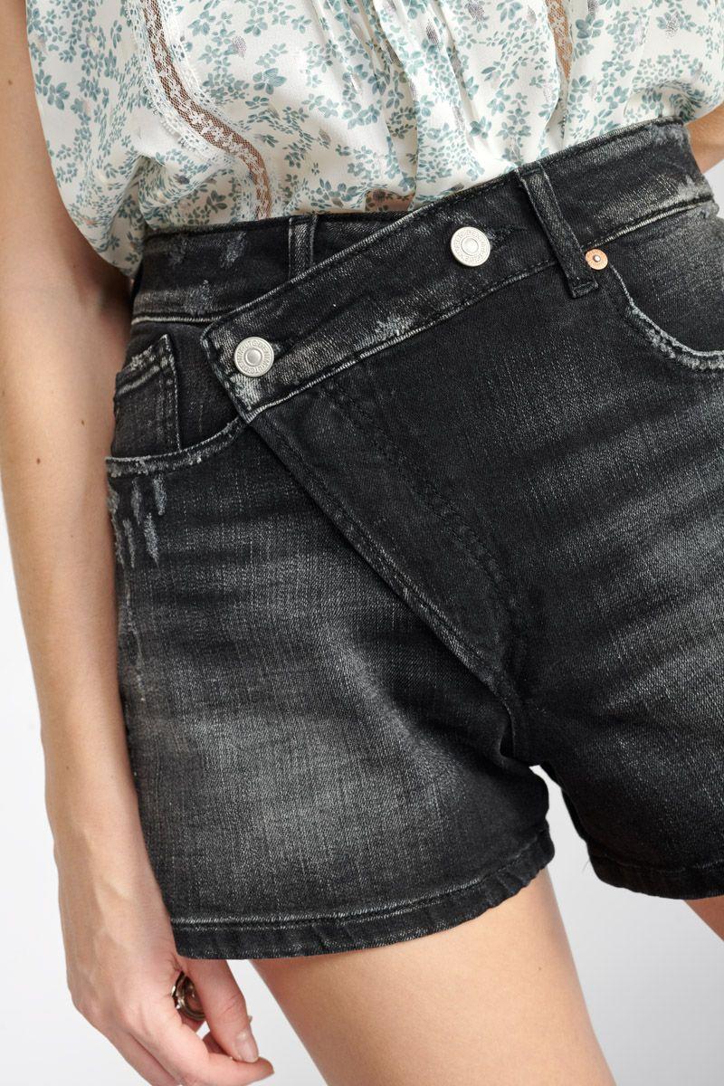 Le Temps Des Cerises Short Mosta En Jeans Noir à Fermeture Asymétrique