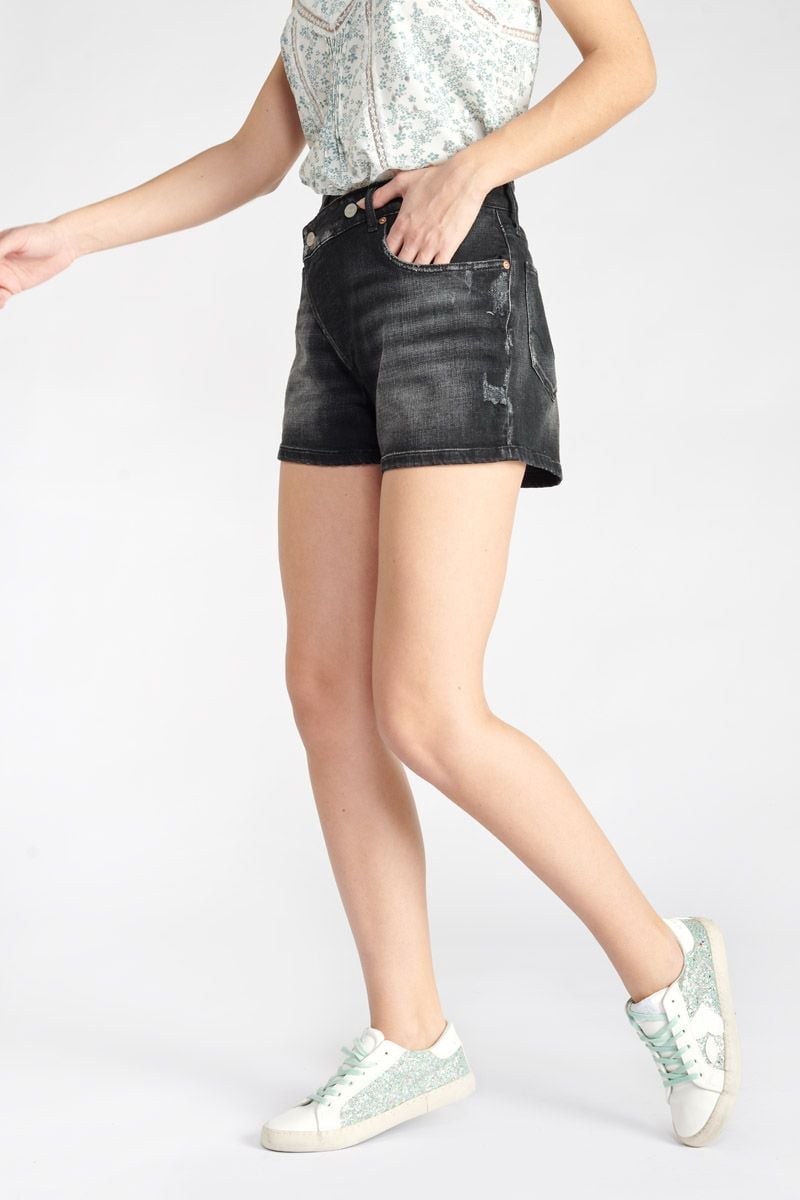 Le Temps Des Cerises Short Mosta En Jeans Noir à Fermeture Asymétrique