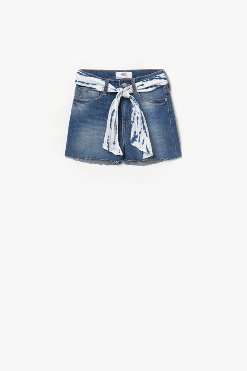 le temps des cerises Short taille haute Tika en jeans bleu délavé