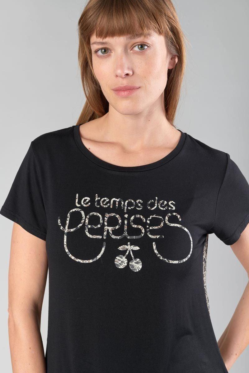 le temps des cerises T-shirt bi-matière Deray noir imprimé