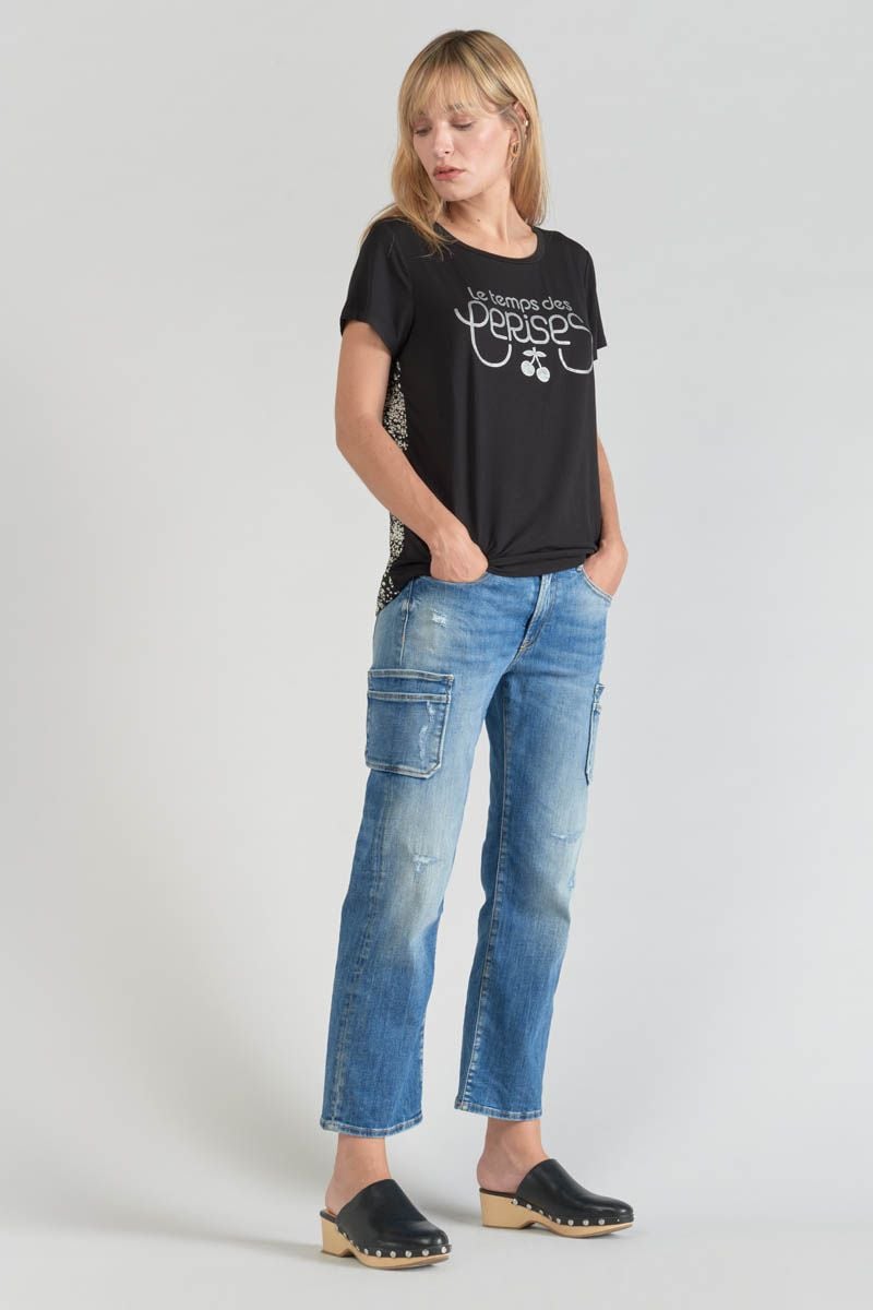 le temps des cerises T-shirt bi-matière Domi noir imprimé